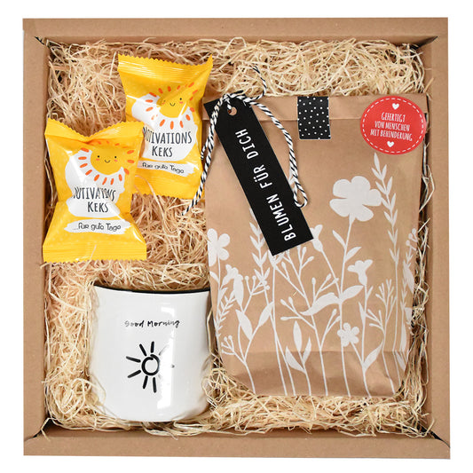 gute laune geschenk-Geschenkbox mit Blumenstrauß Anzuchtset, Steinguttasse und Motivationsglückskeksen