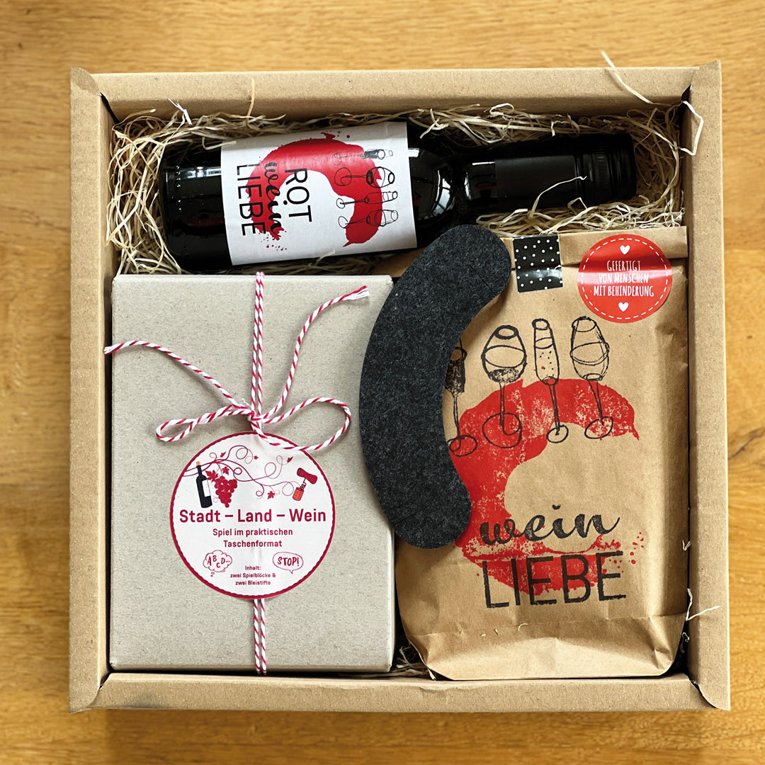 Box mit Rotwein, Tropfenfänger, Stadt Land Wein Spiel und Weinliebe Überraschung