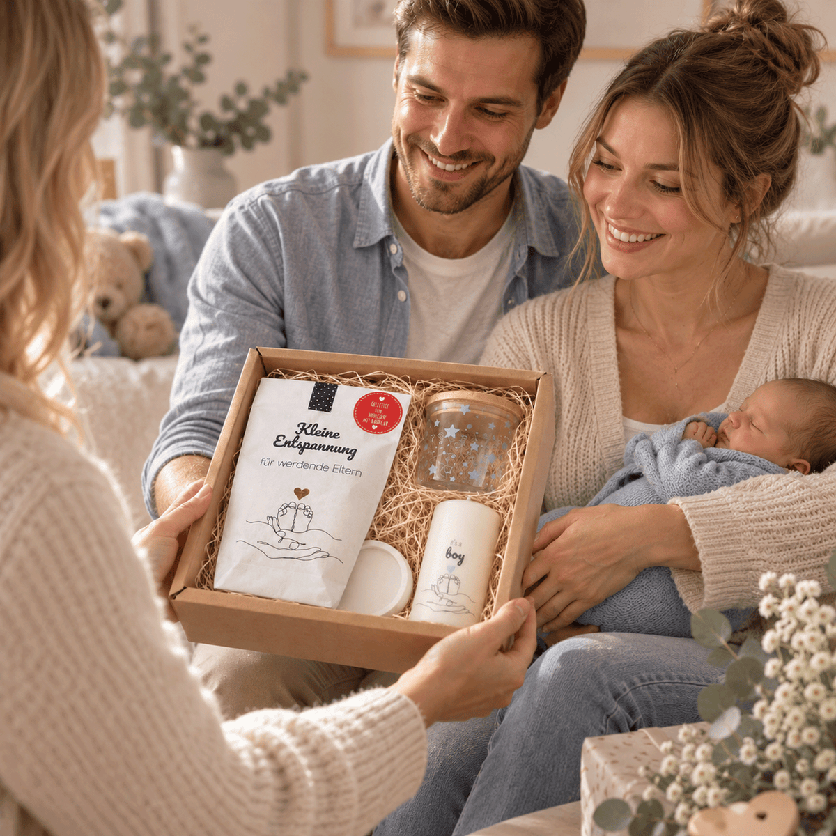 Geschenkbox zur Geburt Junge – glückliche Eltern