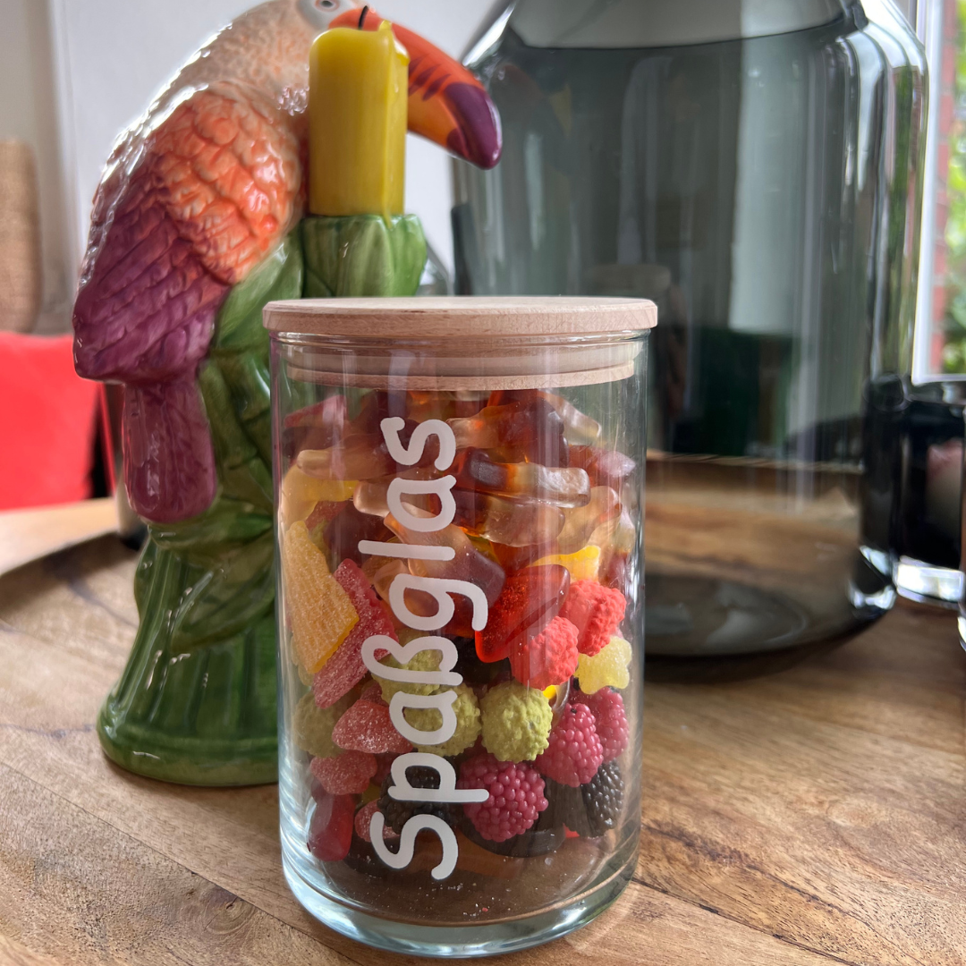 Spaßglas mit Holzdeckel für Süßigkeiten