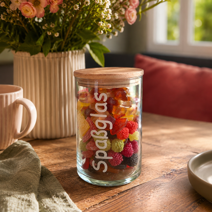Spaßglas mit Holzdeckel für Süßigkeiten