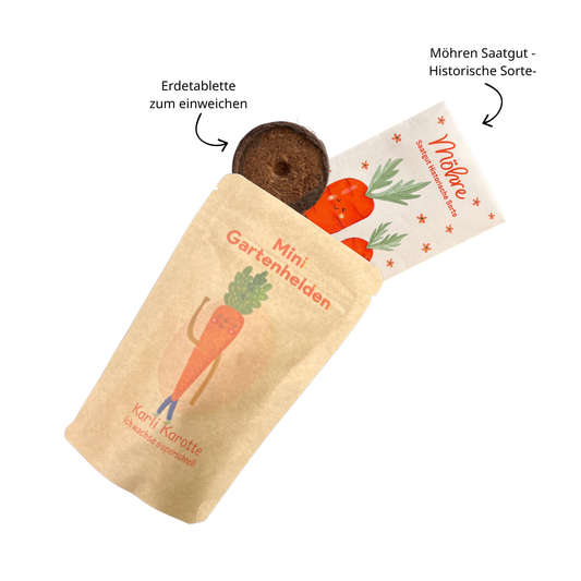 Pflanztüte mit Möhrensamen und Erdetablette