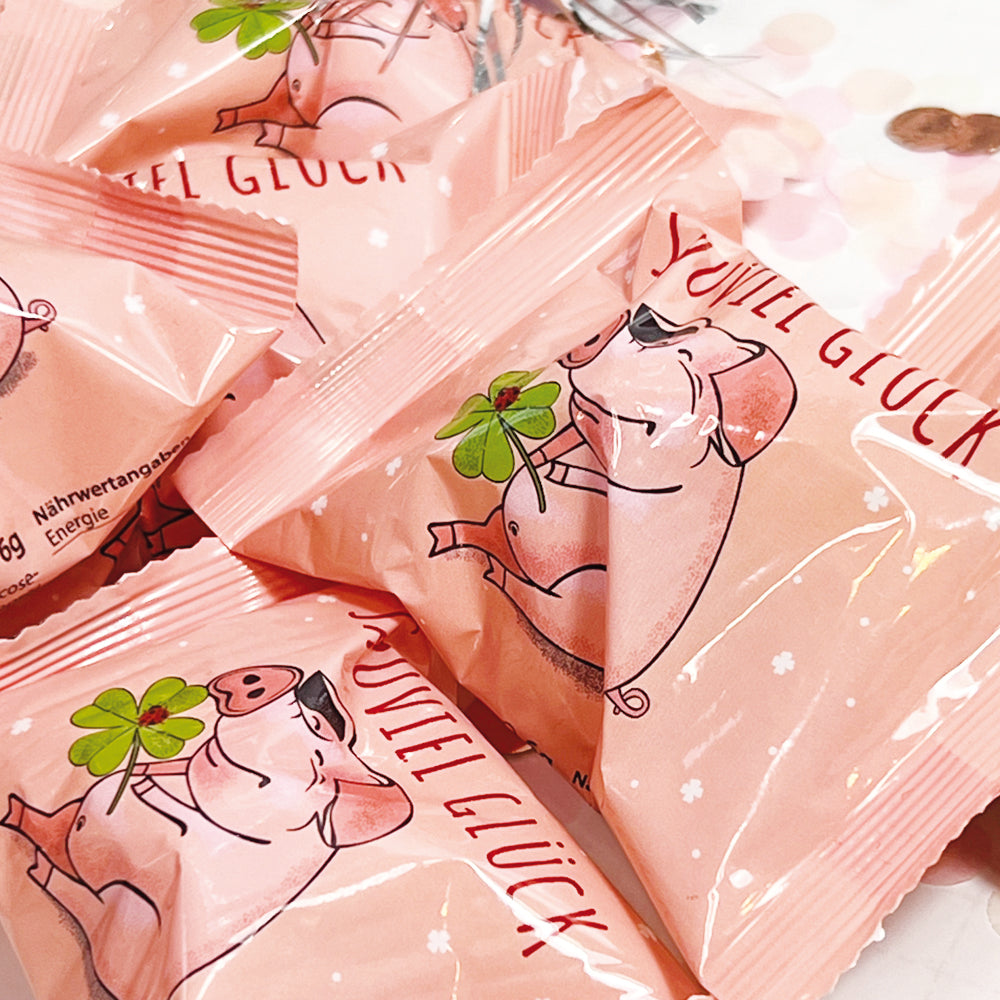 Dein Glückskeks – rosa mit Kleeblatt und Glücksschwein