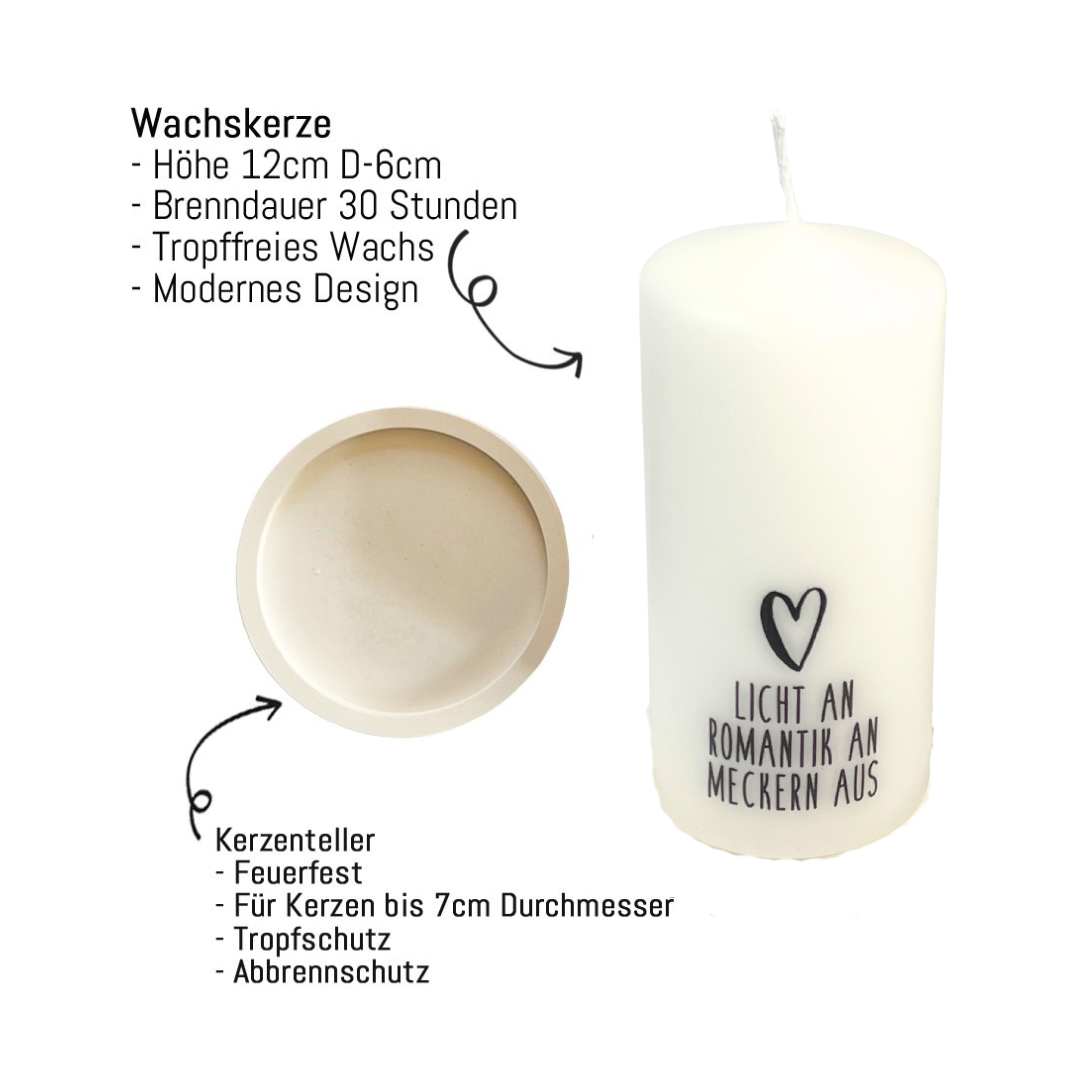 Licht an-Romantik an- Meckern aus Kerze in weiß mit schwarzem Druck und Herz