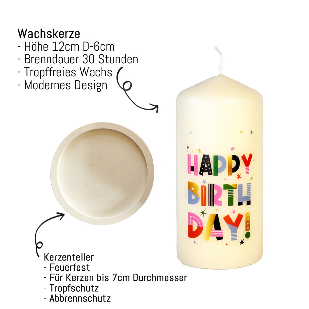 Kerze mit Beschreibung zu Brenndauer und Kerzenteller