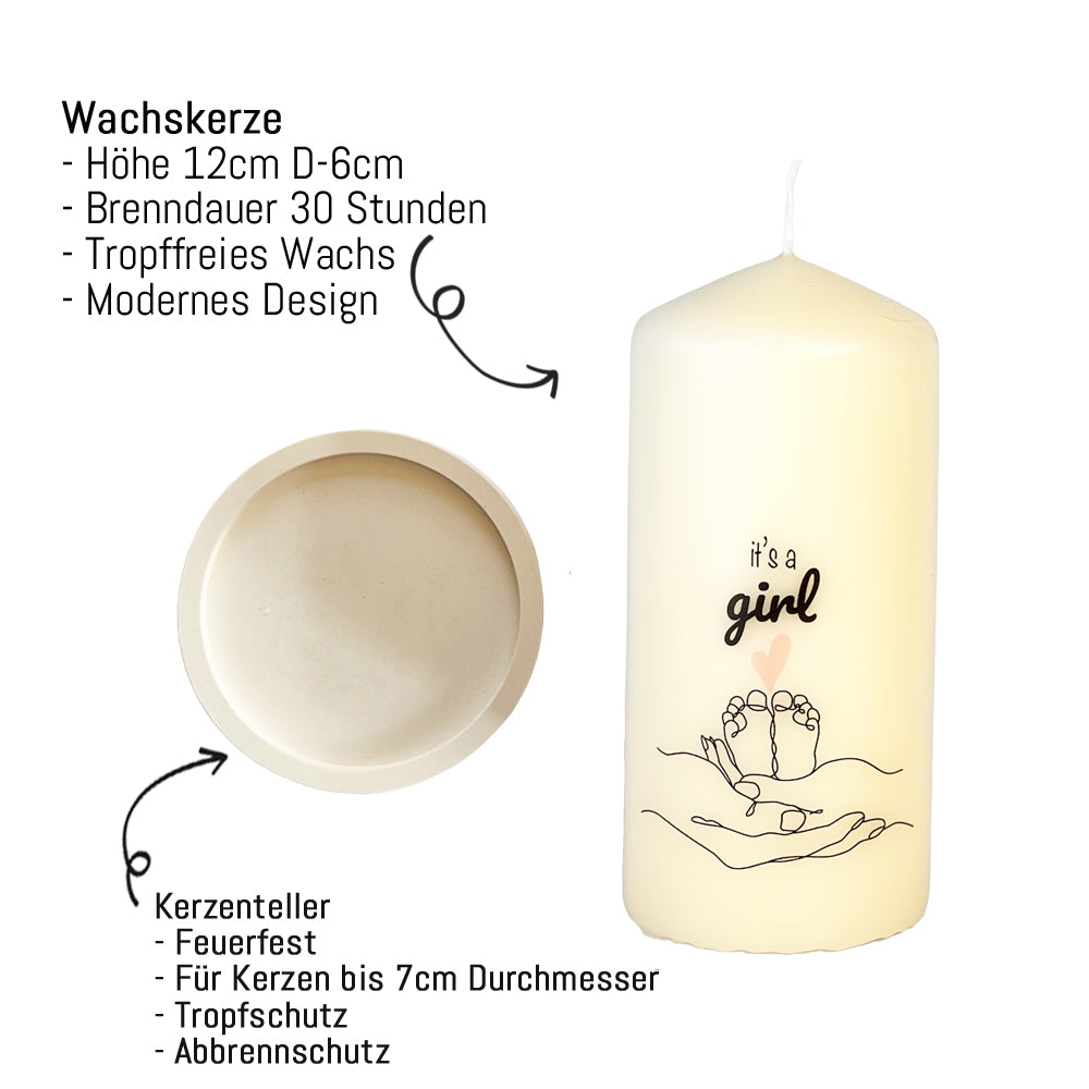 Beschreibung Kerze it´s a girl, Höhe 12 cm, Kerzenteller Feuerfest
