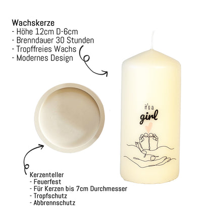 Beschreibung Kerze it´s a girl, Höhe 12 cm, Kerzenteller Feuerfest