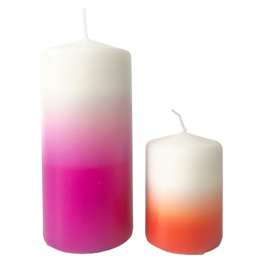 Stumpenkerzen Set in Lila &amp; Orange – Kerzenliebe, die leuchtet
