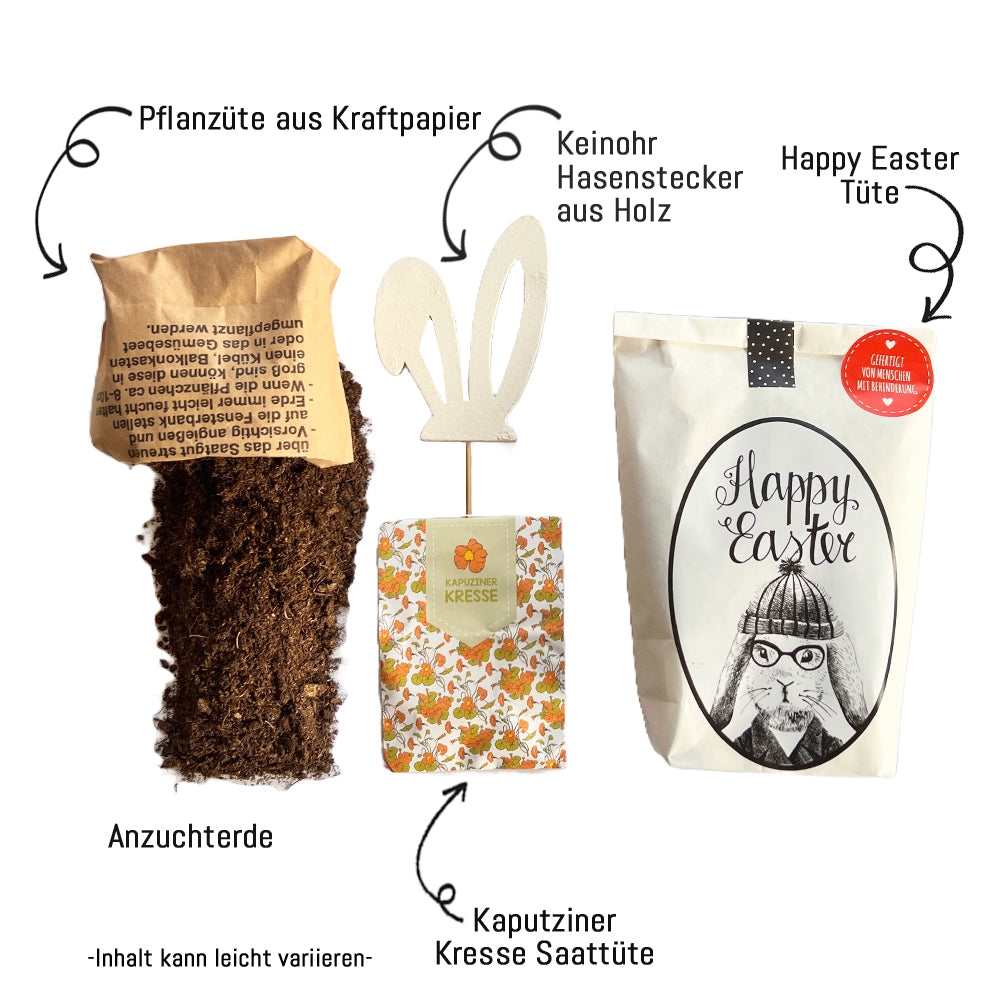 Osterhasengeschenk Zutaten aus Anzuchterde, Pflanzenstecker mit Hasenohren, Kapuziner Saatguttüte