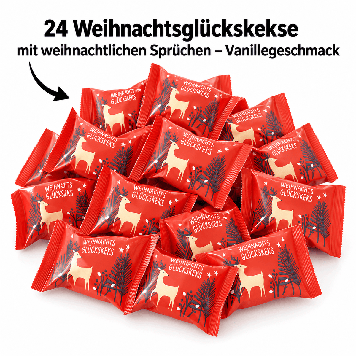 24 Weihnachtsglückskekse mit weihnachtlichen Sprüchen, Vanillegeschmack