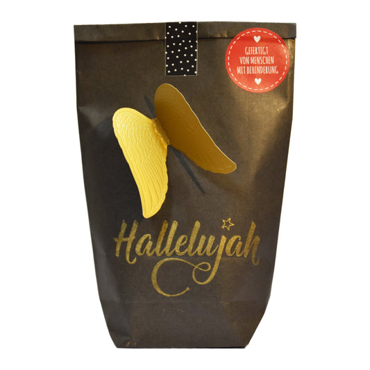 Wundertüte in schwarz mit Hallelujah und Engelsflügeln als christliche geschenke