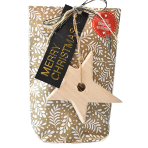 Mitbringsel zu Weihnachten, goldene Tüte mit weißen Zweigen und Holzstern