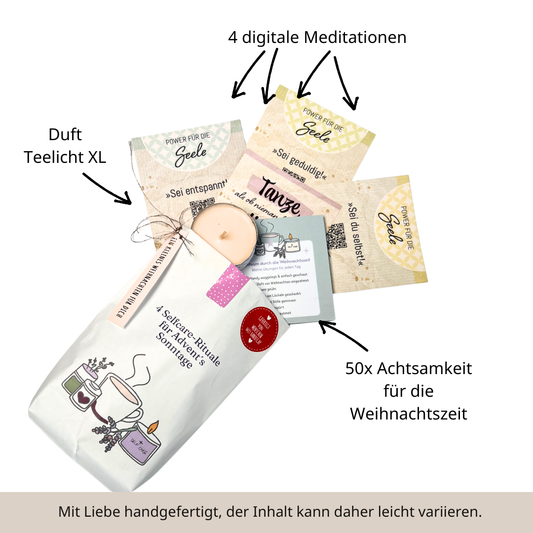 Achtsamkeit für die Weihnachtszeit mit digitalen Meditationen, Duftteelicht XL und Achtsamkeitsblock