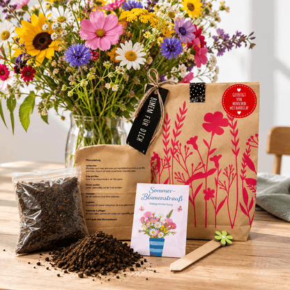 Blumen Geschenke: Wundertüte mit Saatgut, Anzuchterde, Pflanzbeutel und Blumenstecker