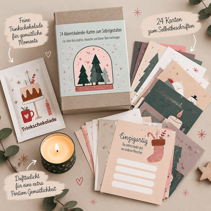 Emotionaler Adventskalender: 24 Karten zum Selbstbeschriften, Trinkschokolade und Duftteelicht