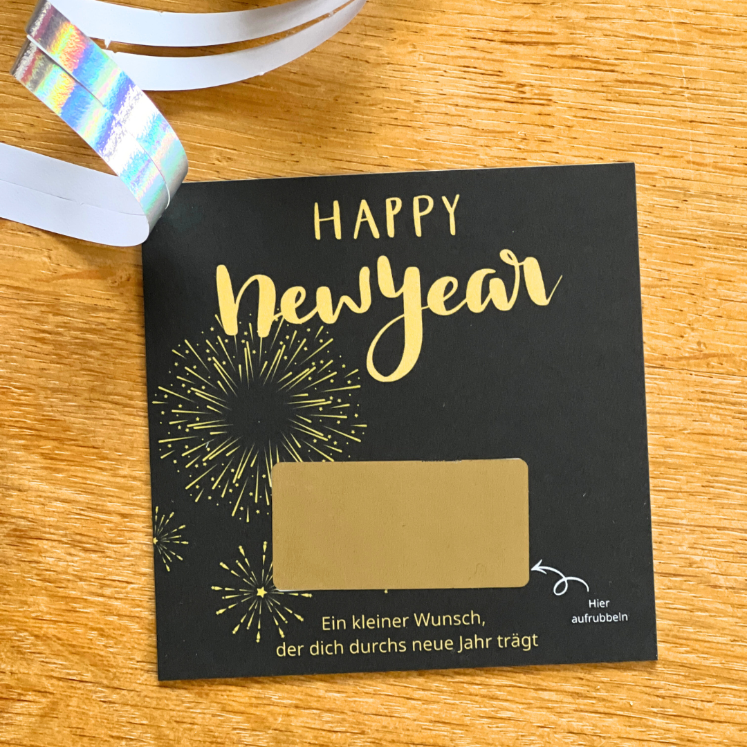 Karte zum Aufrubbeln mit guten Wünschen - Glücksbringer zu Silvester