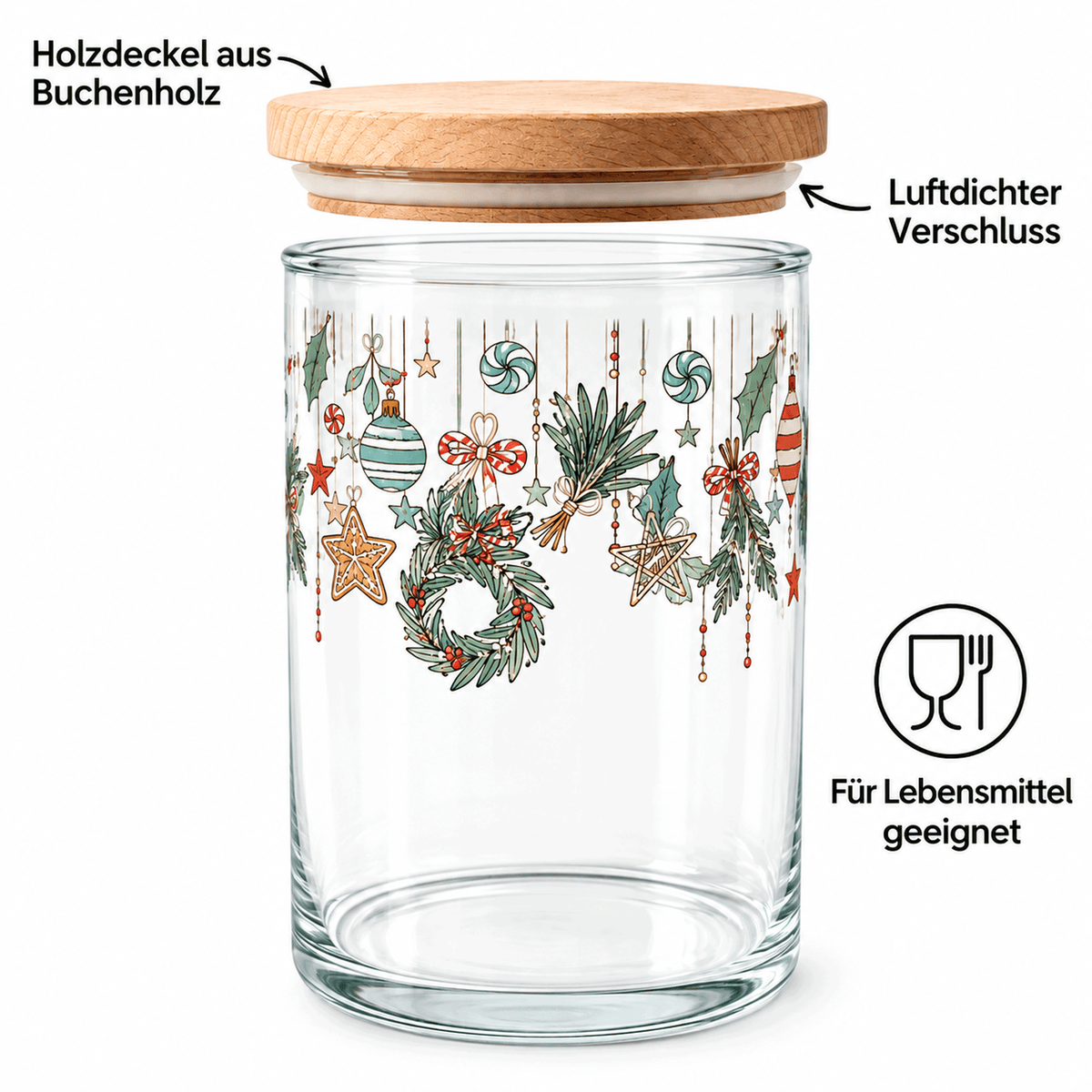 Glasdose für Kekse: Holzdeckel aus Buchenholz, luftdichter Verschluss, für Lebensmittel geeignet