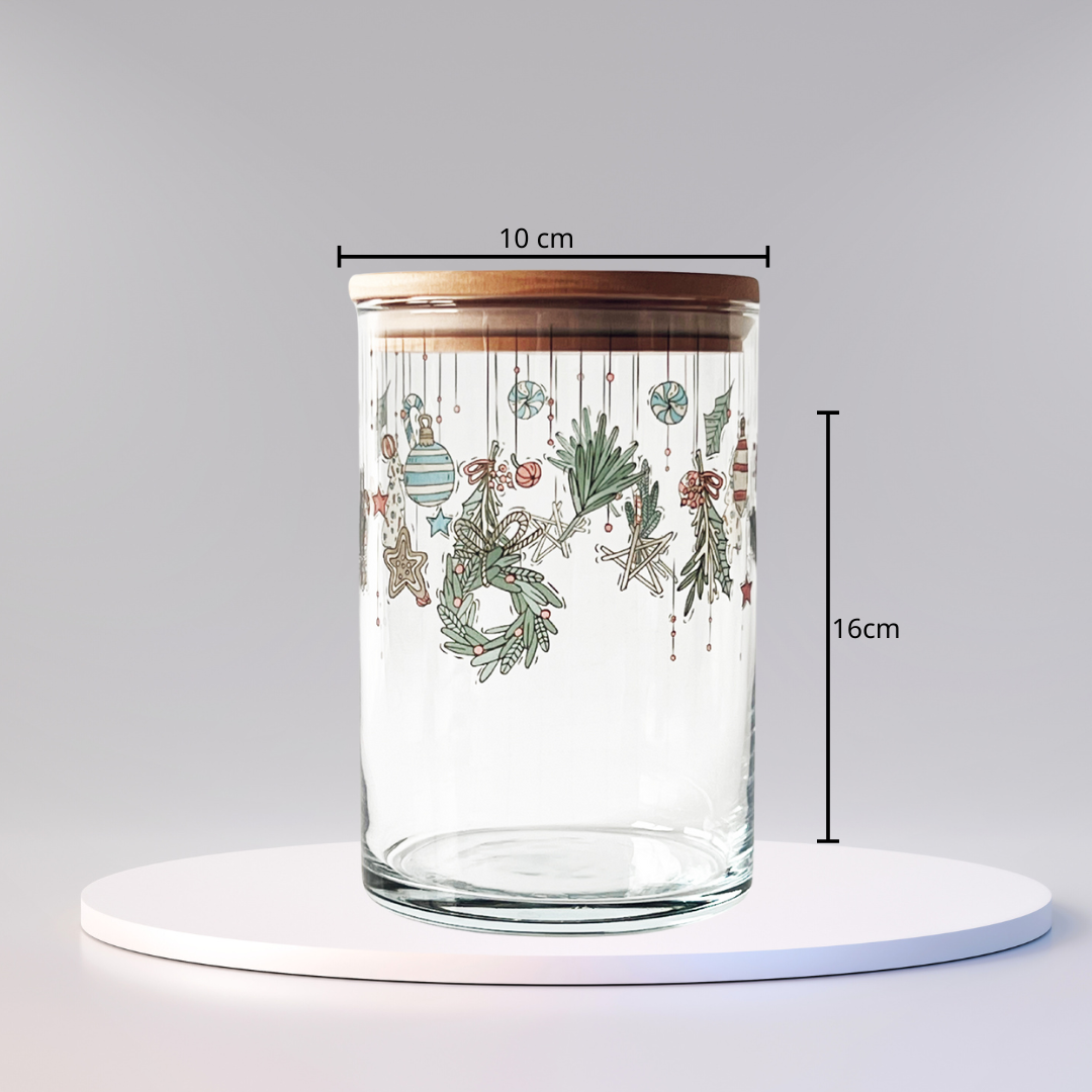 Glasdose mit Holzdeckel mit transparenter Weihnachtsgirlande