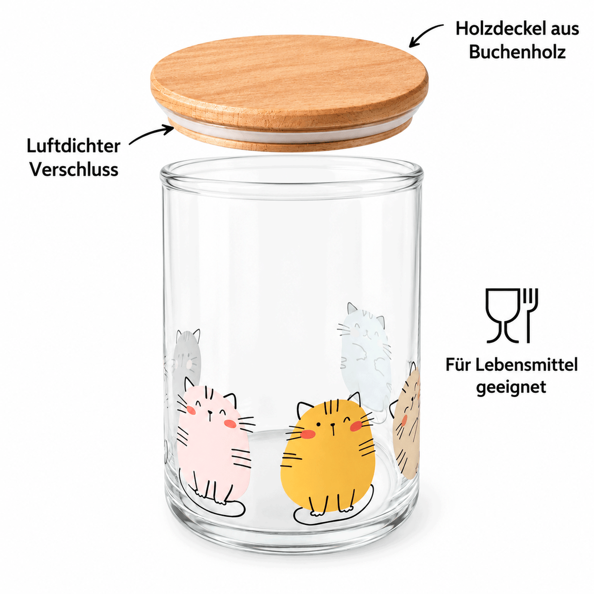 Vorratsliebe mit Katzenzauber: Luftdichter Verschluss, für Lebensmittel geeignet, Holzdeckel aus Buchenholz