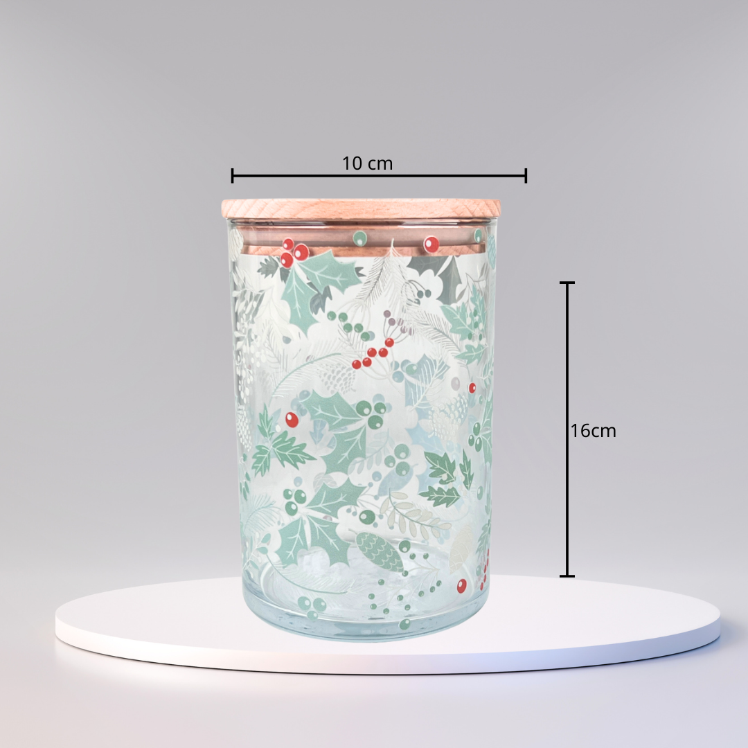 Glasdose mit Holzdeckel und Weihnachtsmotiven