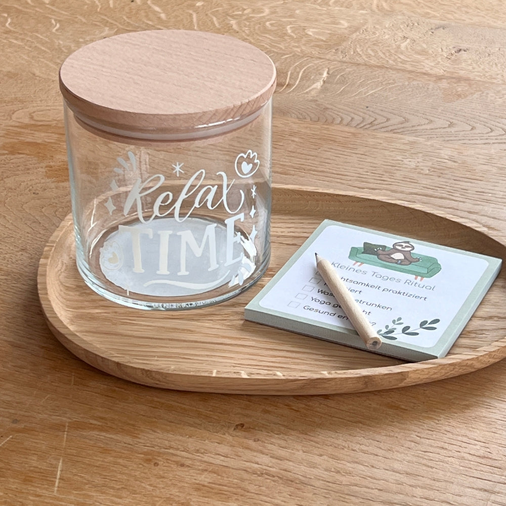 Glasdose mit Holzdeckel mit Druck Relax Time