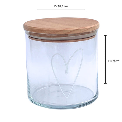 Glasdose Herz mit personalisierbarem Holzdeckel aus Buche