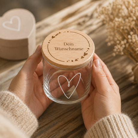 personalisierte Glasdose mit Holzdeckel