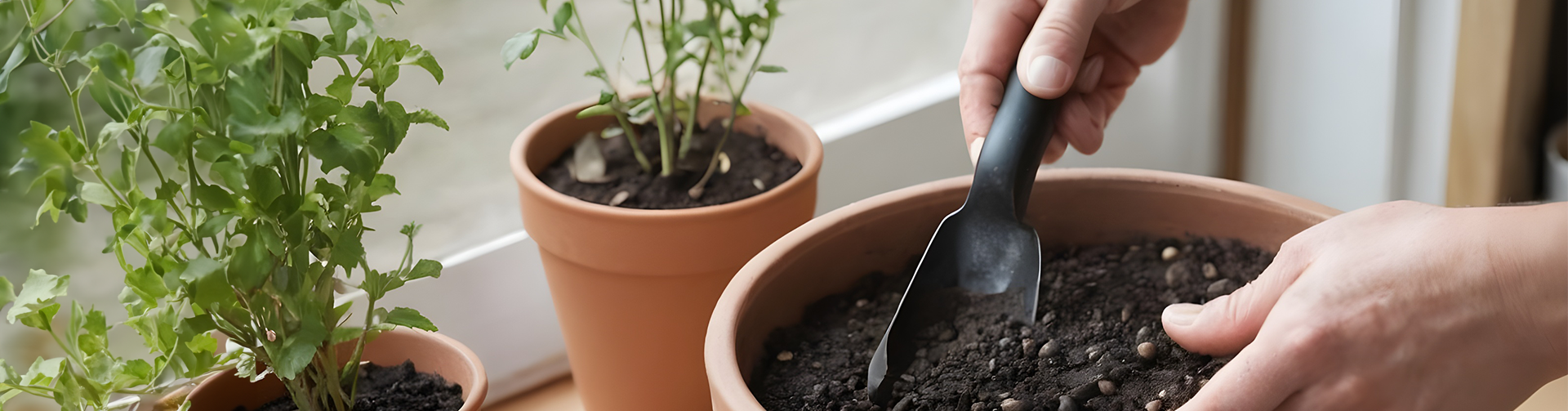 Hände, die mit einer kleinen Schaufel in einem Blumentopf mit Erde arbeiten, neben weiteren Töpfen mit Pflanzen, was das Einpflanzen oder die Pflege von Zimmerpflanzen darstellt.